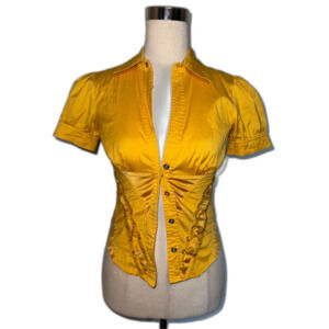 Marciano Women's Yellow Button Up Short Sleeved Corset Blouse Ribbon Tieback XS